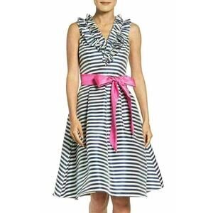 NEW Eliza J Striped Ruffle Fit & Flare Midi Dress Women's Blue White Size 10